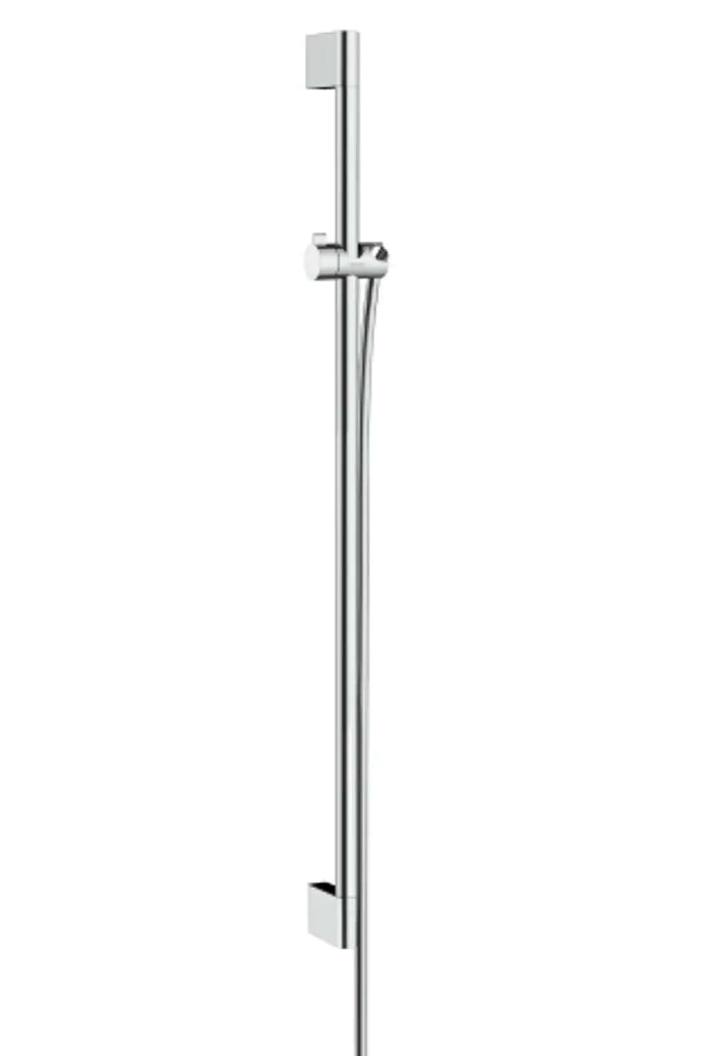 Vertikale Brausestange aus verchromtem Metall mit anschließbarem Brauseschlauch, hergestellt von Hansgrohe. Schlichtes Design ohne weitere Dekorationen.